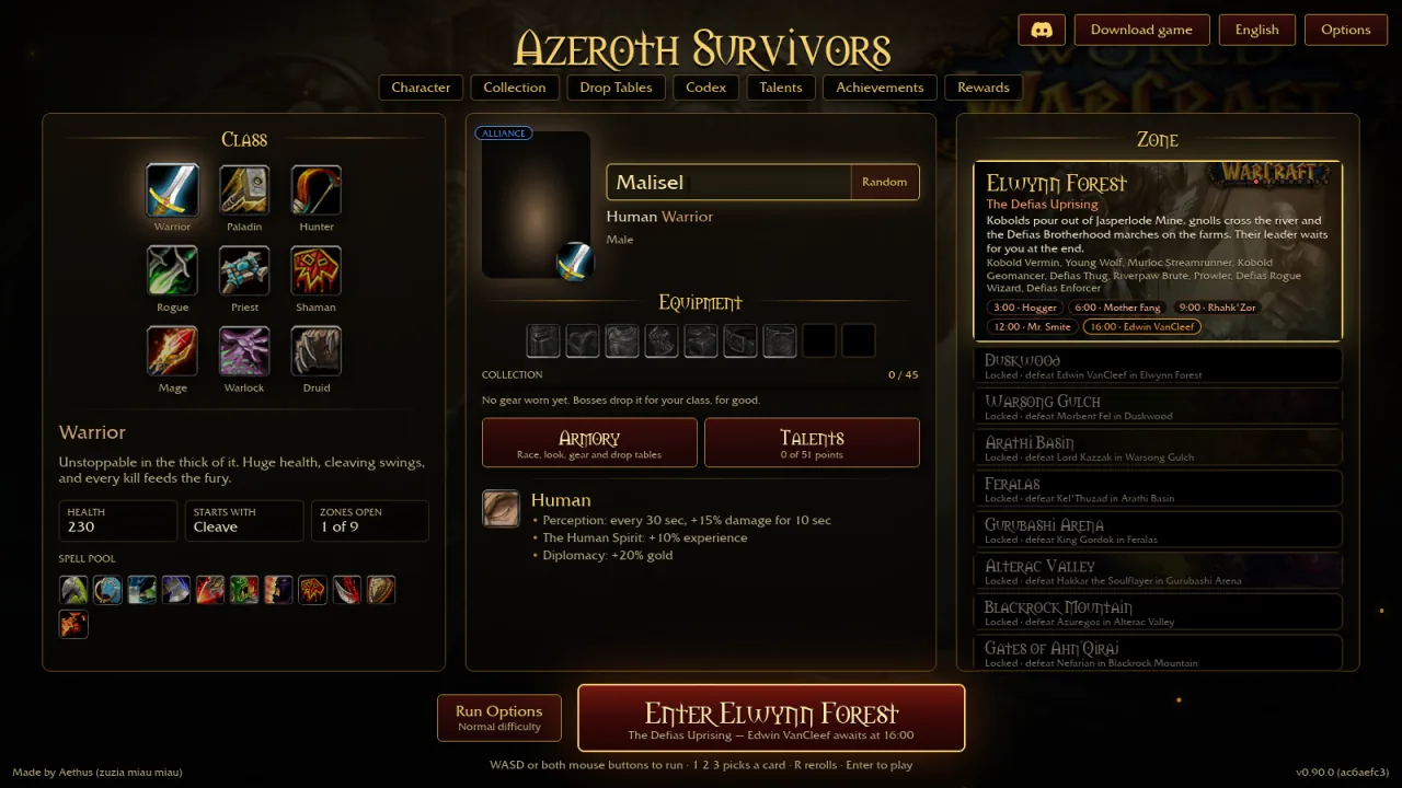 Azeroth Survivors class and zone picker showing nine Warcraft classes and the locked zone list