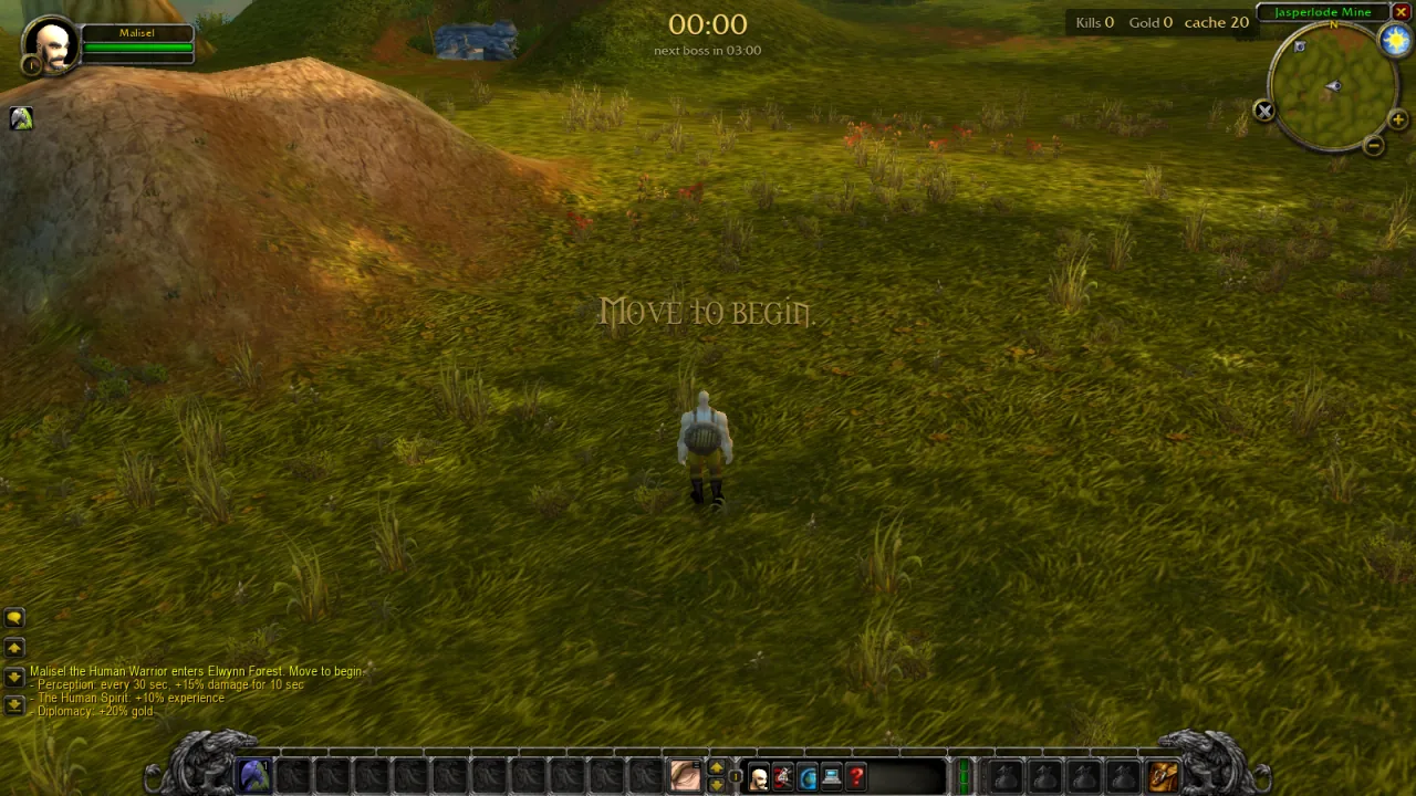 Azeroth Survivors in-game HUD in Elwynn Forest with a boss timer counting down to the next boss