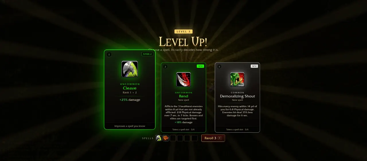 Azeroth Survivors level-up screen offering three upgrade cards, coloured green and blue by rarity
