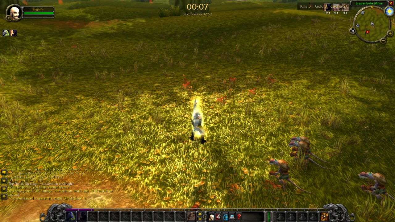 Azeroth Survivors mid-run combat in Elwynn Forest at level 2, with the kill counter and boss timer running